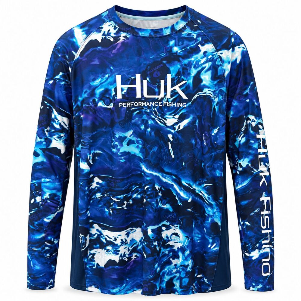 Huk Mossy Oak Hydro Camo Performance Fishing Shirt Mens 3XL Blue Long Sleeve EUC